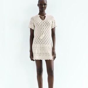 Zara Pointelle Knit Dress Cream M NWT
